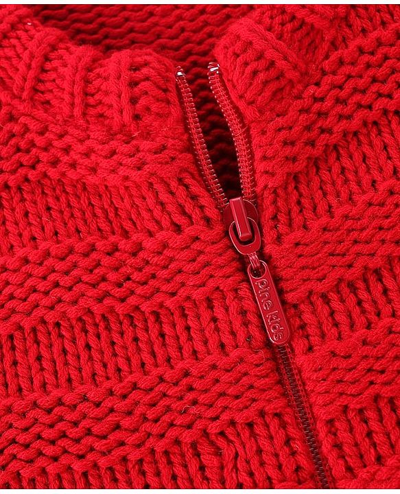 Pine Kids Full Sleeves Front Zipper Cable Knit Sweater  - Red