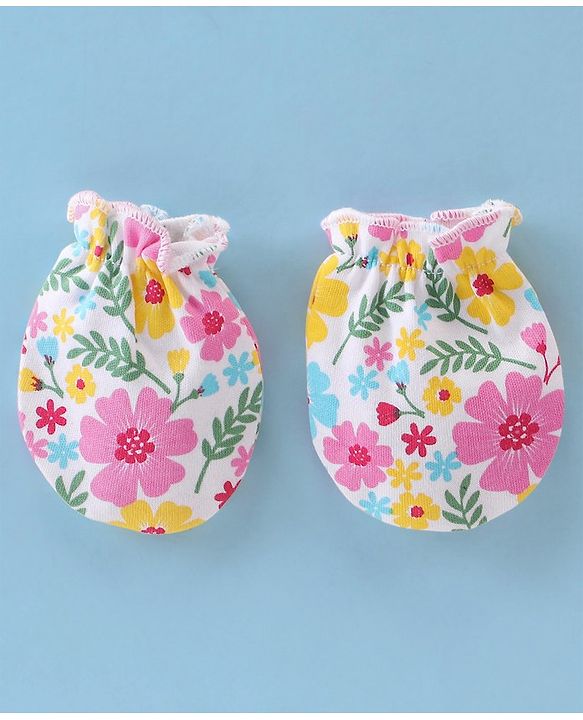 Babyhug 100% Cotton Knit Cap Mittens & Booties Set with Floral Print - Multicolour
