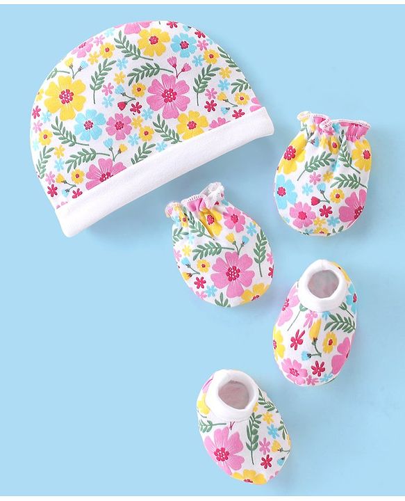Babyhug 100% Cotton Knit Cap Mittens & Booties Set with Floral Print - Multicolour
