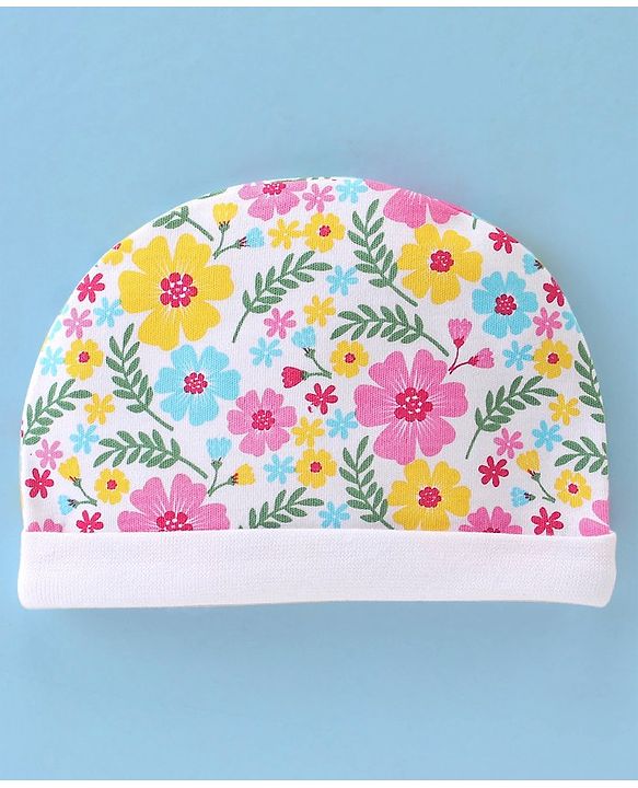 Babyhug 100% Cotton Knit Cap Mittens & Booties Set with Floral Print - Multicolour
