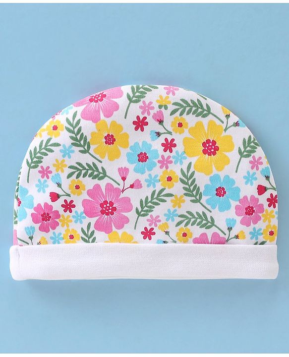 Babyhug 100% Cotton Knit Cap Mittens & Booties Set with Floral Print - Multicolour