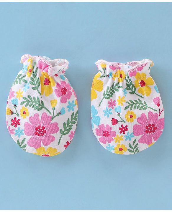 Babyhug 100% Cotton Knit Cap Mittens & Booties Set with Floral Print - Multicolour