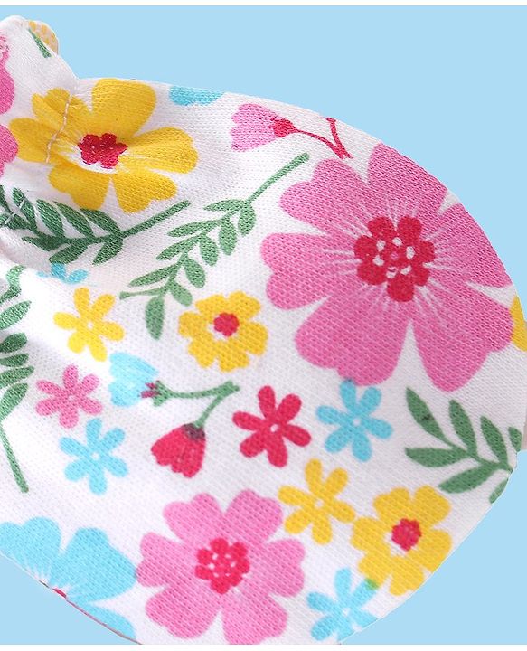 Babyhug 100% Cotton Knit Cap Mittens & Booties Set with Floral Print - Multicolour