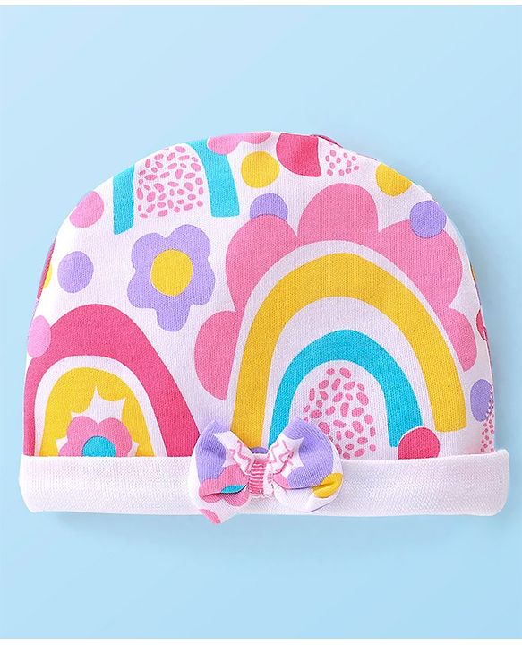 Babyhug 100% Cotton Knit Cap with Rainbow Print and Bow - Multicolour