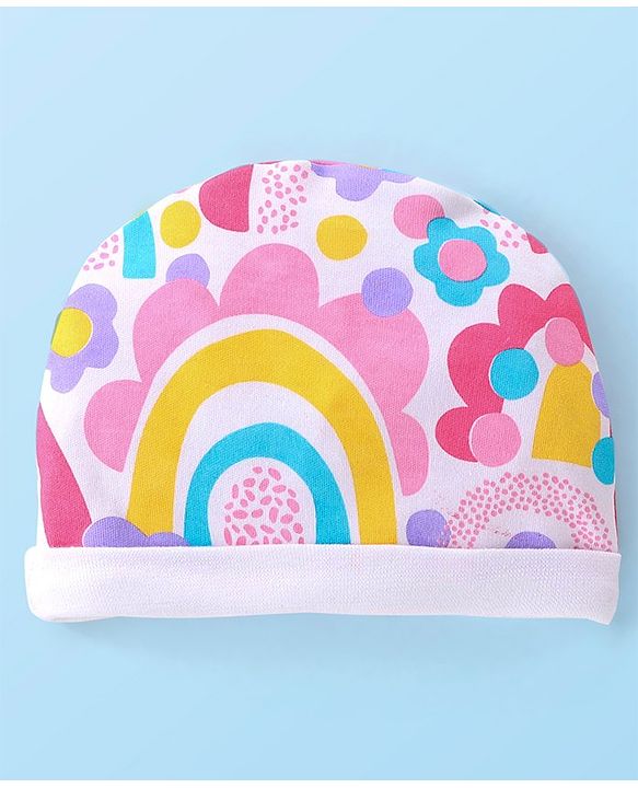 Babyhug 100% Cotton Knit Cap with Rainbow Print and Bow - Multicolour
