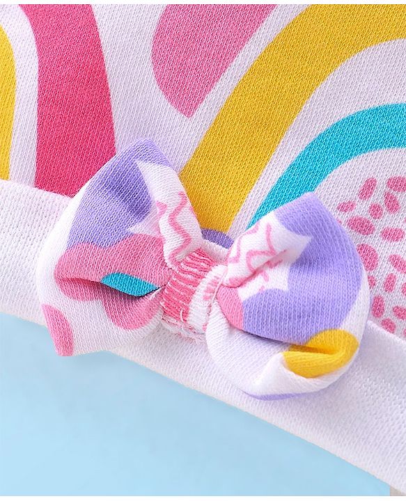 Babyhug 100% Cotton Knit Cap with Rainbow Print and Bow - Multicolour