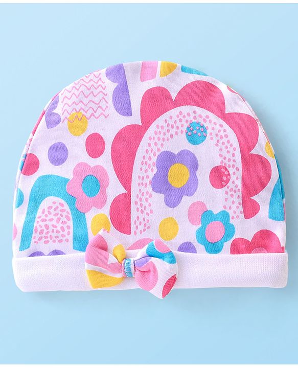 Babyhug 100% Cotton Knit Cap with Rainbow Print and Bow - Multicolour