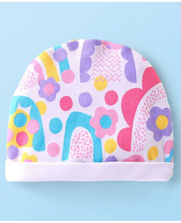 Babyhug 100% Cotton Knit Cap with Rainbow Print and Bow - Multicolour