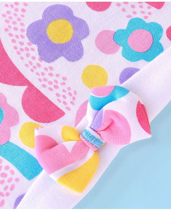 Babyhug 100% Cotton Knit Cap with Rainbow Print and Bow - Multicolour