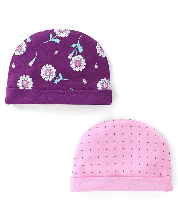 Babyhug 100% Cotton Knit Cap Floral Print Pack of 2 - Multicolour