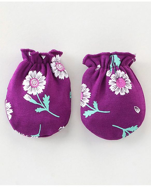 Babyhug 100% Cotton Knit Mittens & Booties Floral Print - Purple