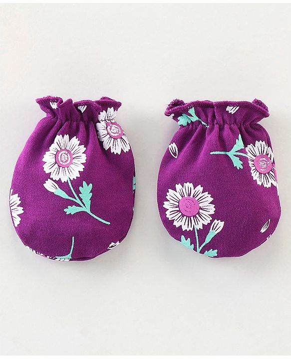 Babyhug 100% Cotton Knit Mittens & Booties Floral Print - Purple