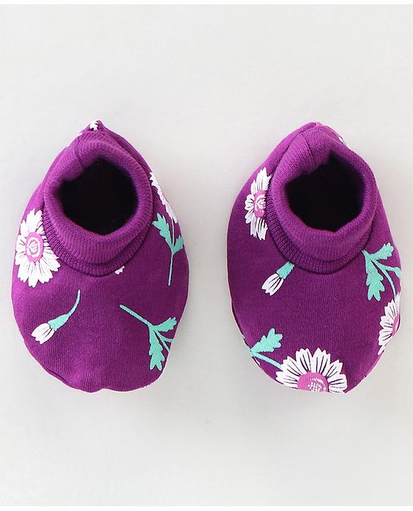Babyhug 100% Cotton Knit Mittens & Booties Floral Print - Purple