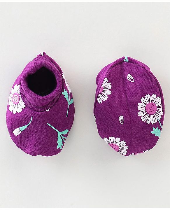 Babyhug 100% Cotton Knit Mittens & Booties Floral Print - Purple