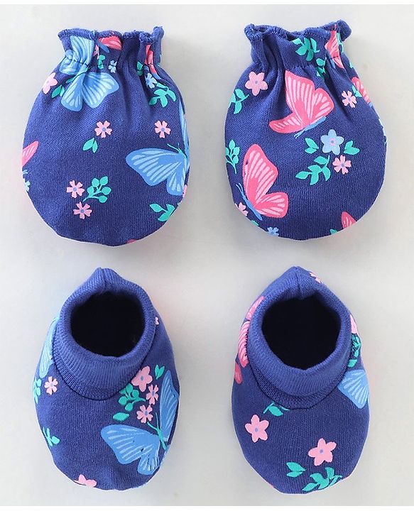Babyhug 100% Cotton Knit Mittens & Booties Floral Print - Navy Blue
