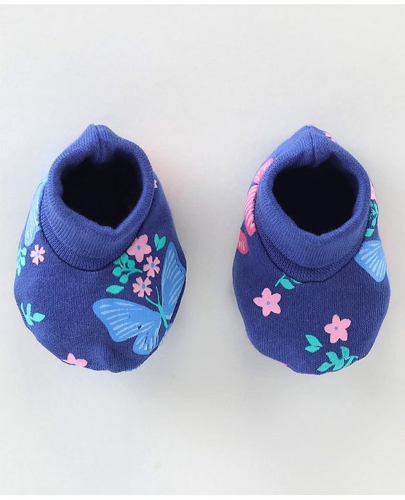 Babyhug 100% Cotton Knit Mittens & Booties Floral Print - Navy Blue