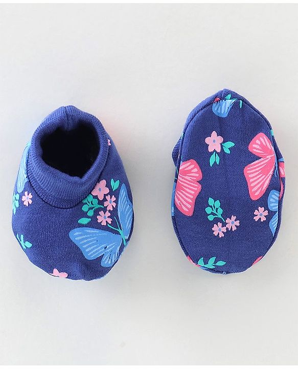 Babyhug 100% Cotton Knit Mittens & Booties Floral Print - Navy Blue