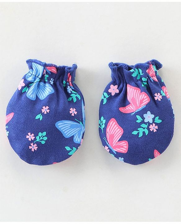 Babyhug 100% Cotton Knit Mittens & Booties Floral Print - Navy Blue