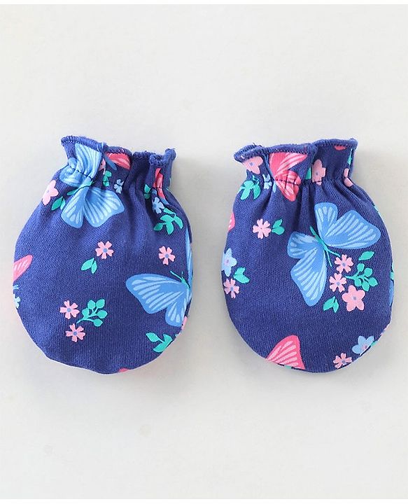 Babyhug 100% Cotton Knit Mittens & Booties Floral Print - Navy Blue