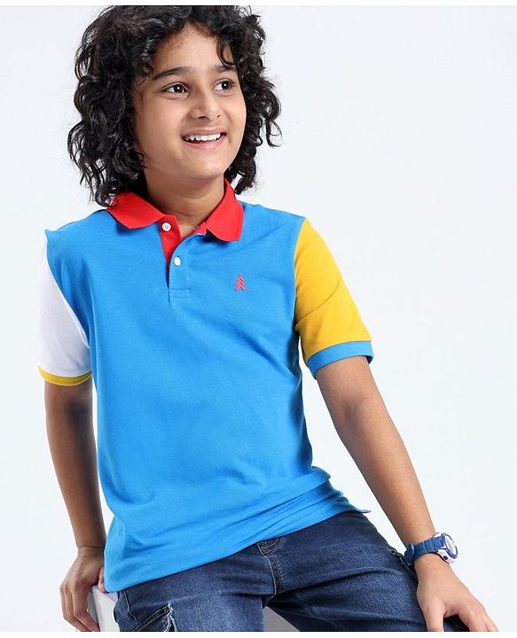 Pine Kids 100% Cotton Knit Half Sleeves Biowashed Solid Color Polo T-Shirts - Blue Aster