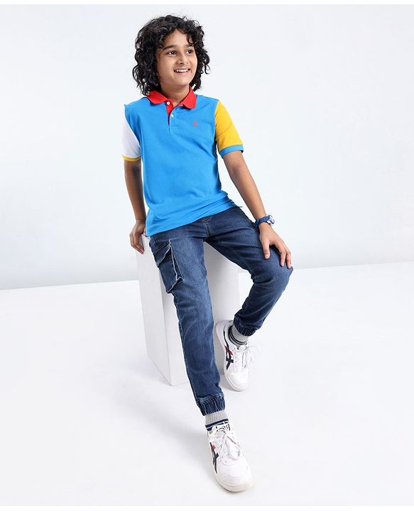 Pine Kids 100% Cotton Knit Half Sleeves Biowashed Solid Color Polo T-Shirts - Blue Aster