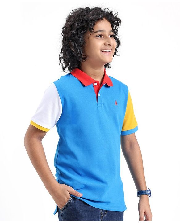 Pine Kids 100% Cotton Knit Half Sleeves Biowashed Solid Color Polo T-Shirts - Blue Aster