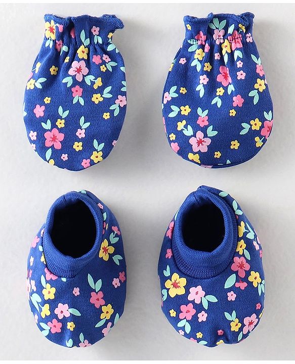 Babyhug 100% Cotton Interlock Knit Mittens & Booties Floral Print - Navy Blue