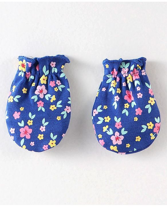 Babyhug 100% Cotton Interlock Knit Mittens & Booties Floral Print - Navy Blue