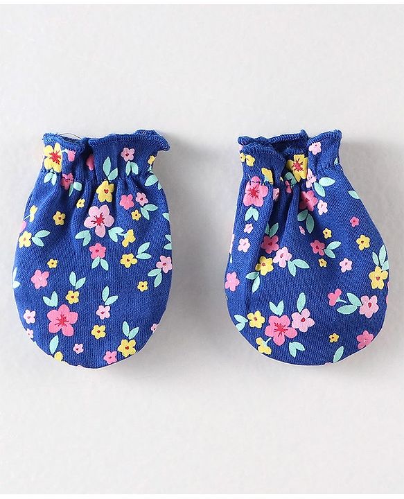 Babyhug 100% Cotton Interlock Knit Mittens & Booties Floral Print - Navy Blue