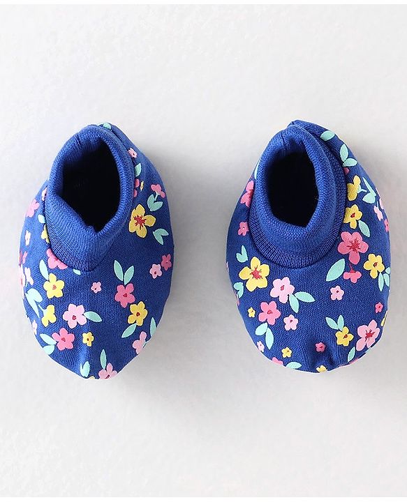 Babyhug 100% Cotton Interlock Knit Mittens & Booties Floral Print - Navy Blue