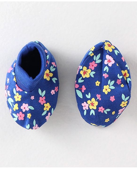 Babyhug 100% Cotton Interlock Knit Mittens & Booties Floral Print - Navy Blue