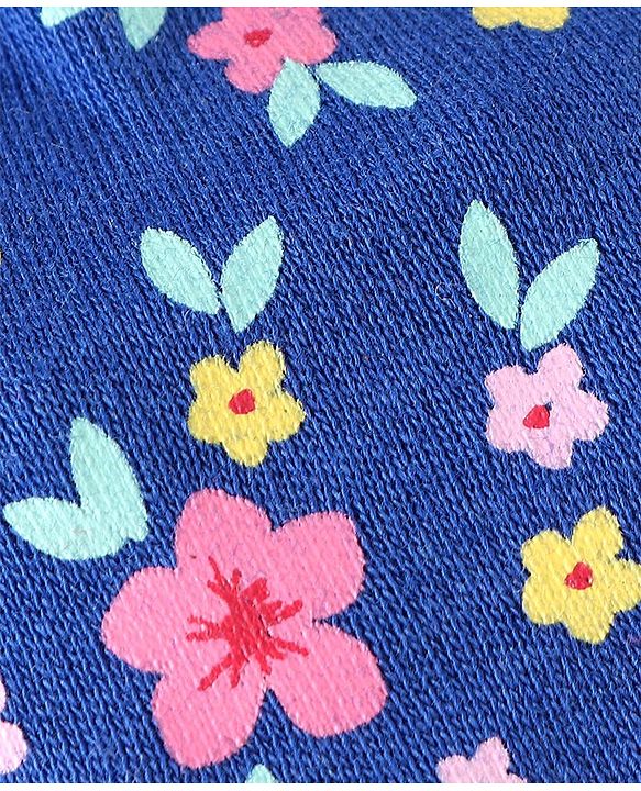 Babyhug 100% Cotton Interlock Knit Mittens & Booties Floral Print - Navy Blue