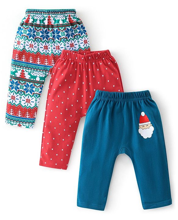 Babyhug Cotton Knit Full Length Diaper Leggings Christmas Theme Printed Pack of 3 - Red & Blue