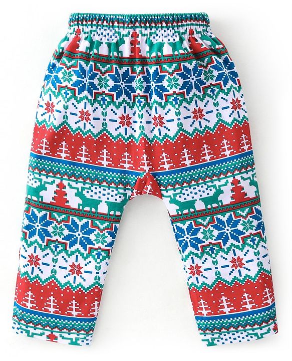 Babyhug Cotton Knit Full Length Diaper Leggings Christmas Theme Printed Pack of 3 - Red & Blue