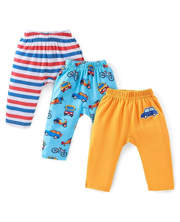 Babyhug Cotton Knit Diaper Pants Full Length Car Printed Pack of 3 - Multicolour