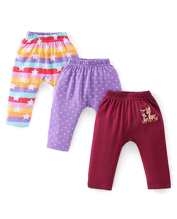 Babyhug Cotton Full Length Diaper Pants Star & Deer Print Pack Of 3 - Maroon Purple & Blue