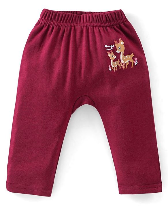 Babyhug Cotton Full Length Diaper Pants Star & Deer Print Pack Of 3 - Maroon Purple & Blue