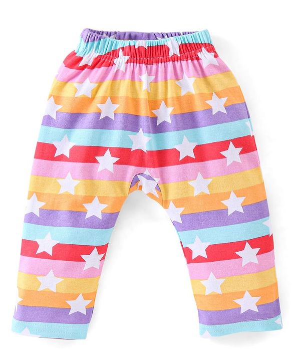 Babyhug Cotton Full Length Diaper Pants Star & Deer Print Pack Of 3 - Maroon Purple & Blue