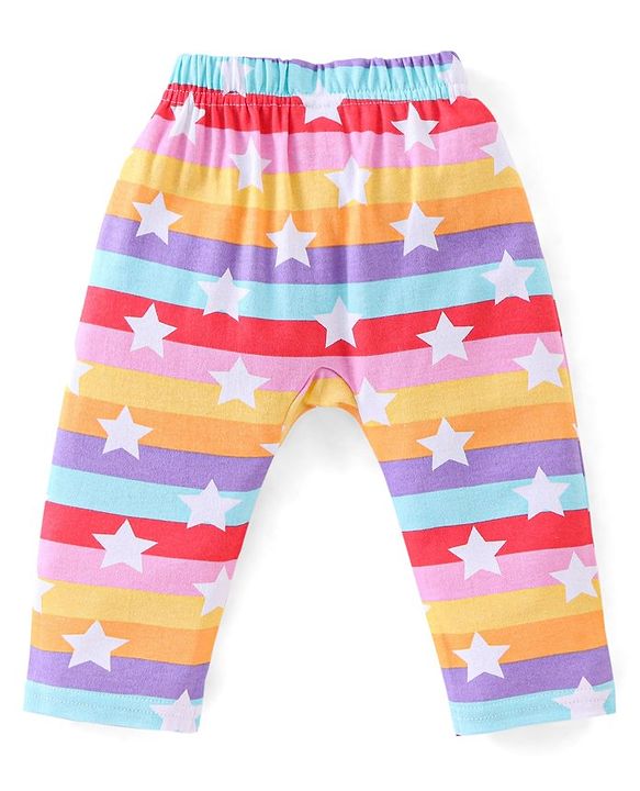 Babyhug Cotton Full Length Diaper Pants Star & Deer Print Pack Of 3 - Maroon Purple & Blue