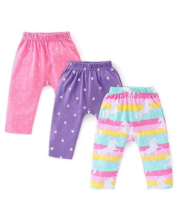 Babyhug Cotton Knit Anti Bacterial Full Length Diaper Pants Unicorn Printed Pack of 3 - Pink & Purple