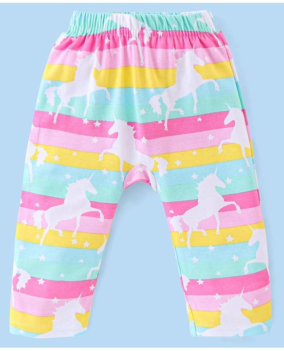 Babyhug Cotton Knit Anti Bacterial Full Length Diaper Pants Unicorn Printed Pack of 3 - Pink & Purple