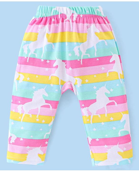 Babyhug Cotton Knit Anti Bacterial Full Length Diaper Pants Unicorn Printed Pack of 3 - Pink & Purple