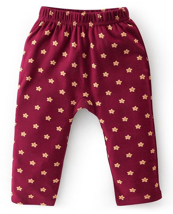 Babyhug Cotton Knit Full Length Diaper Leggings Floral Printed Pack of 3 - Pink Maroon & Purple