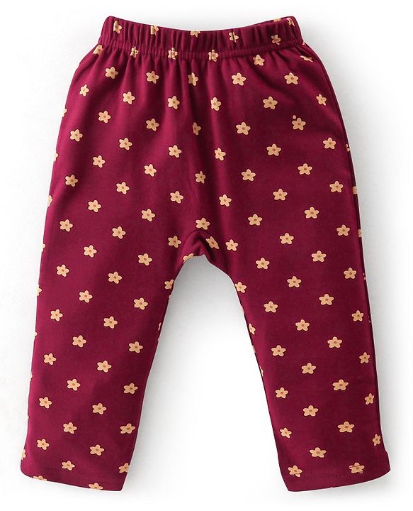 Babyhug Cotton Knit Full Length Diaper Leggings Floral Printed Pack of 3 - Pink Maroon & Purple