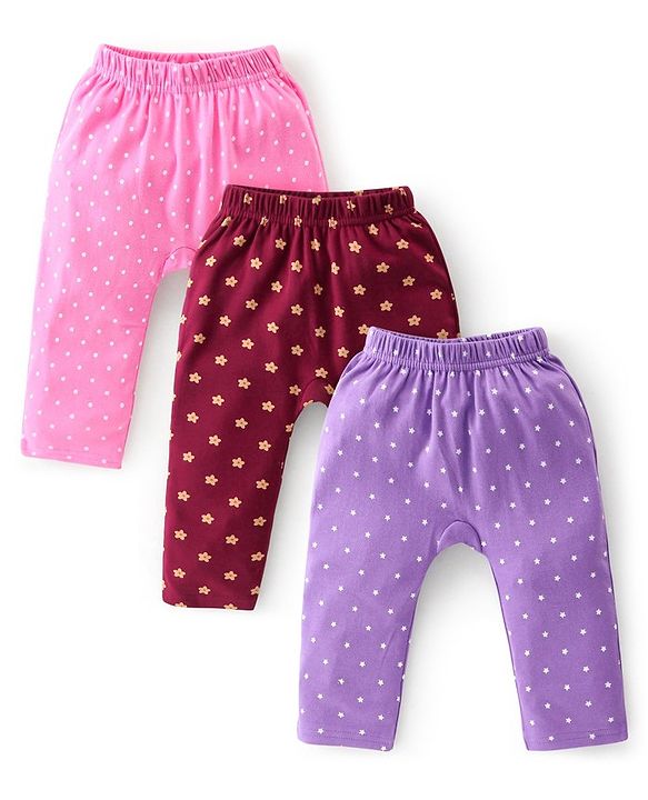 Babyhug Cotton Knit Full Length Diaper Leggings Floral Printed Pack of 3 - Pink Maroon & Purple