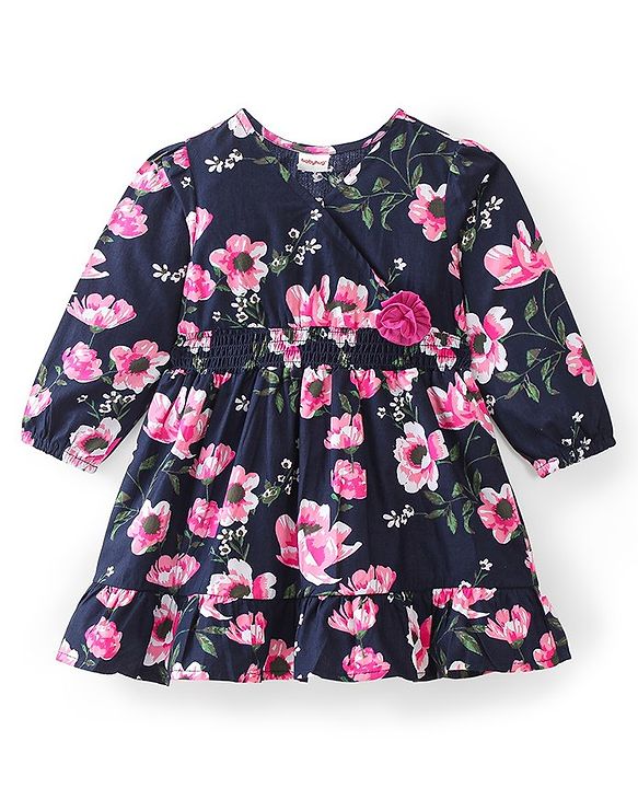Babyhug Cotton Knit Full Sleeves Frock Floral Print - Navy