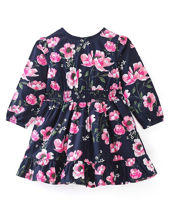 Babyhug Cotton Knit Full Sleeves Frock Floral Print - Navy