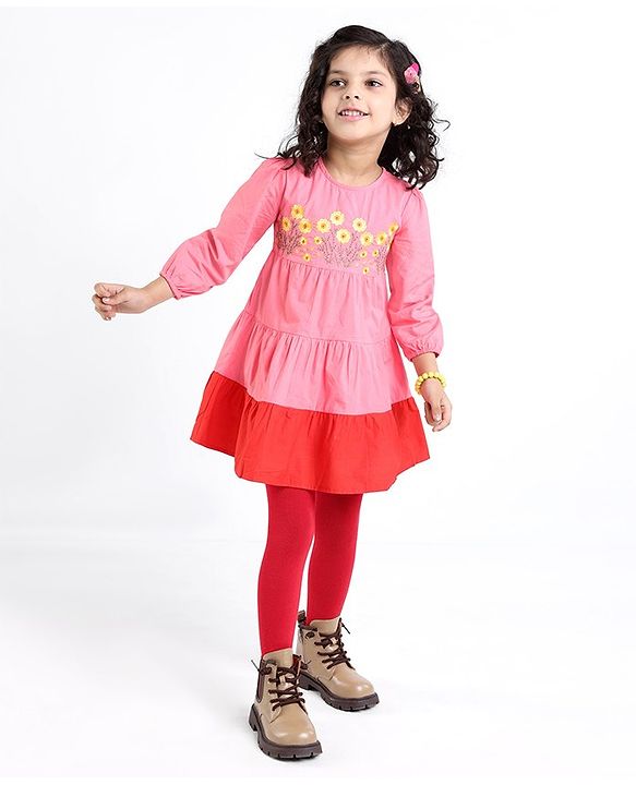 Babyhug 100% Cotton Knit Full Sleeves Frock with Legging Floral Embroidery - Coral