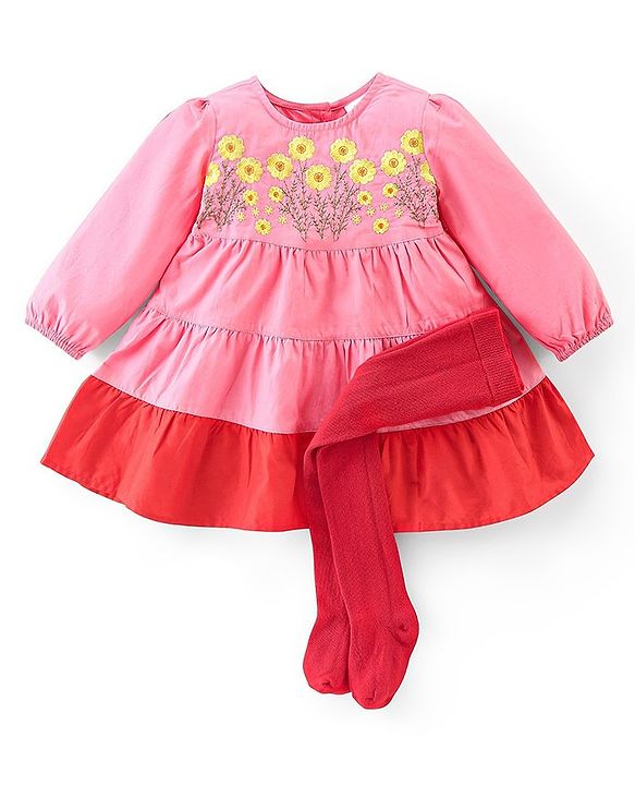 Babyhug 100% Cotton Knit Full Sleeves Frock with Legging Floral Embroidery - Coral