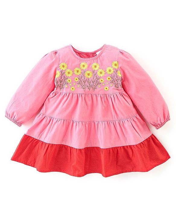 Babyhug 100% Cotton Knit Full Sleeves Frock with Legging Floral Embroidery - Coral